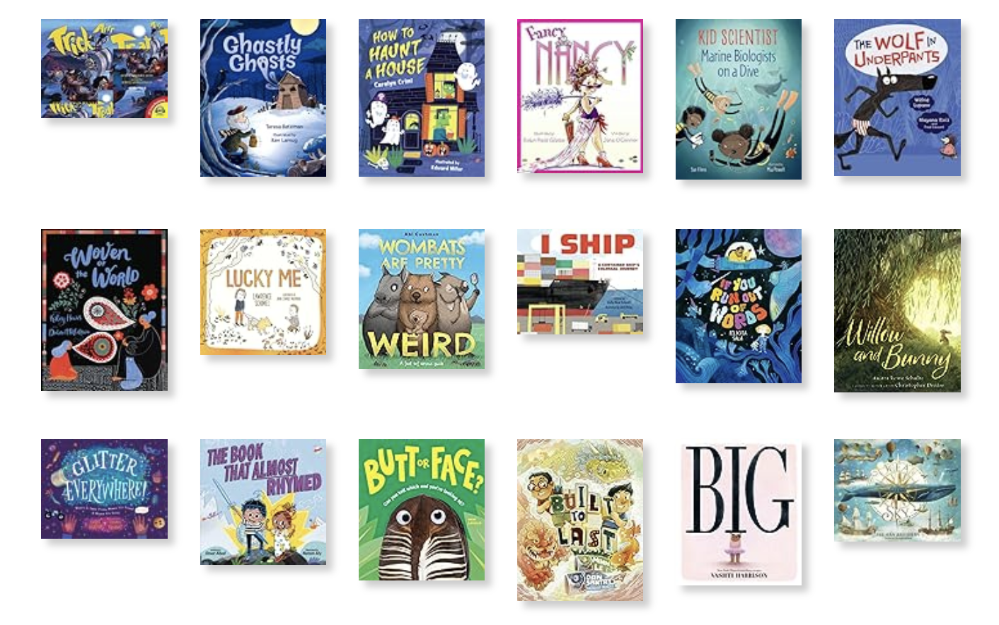 image of covers of 18 picture books Sharon read and tracked in 2024.